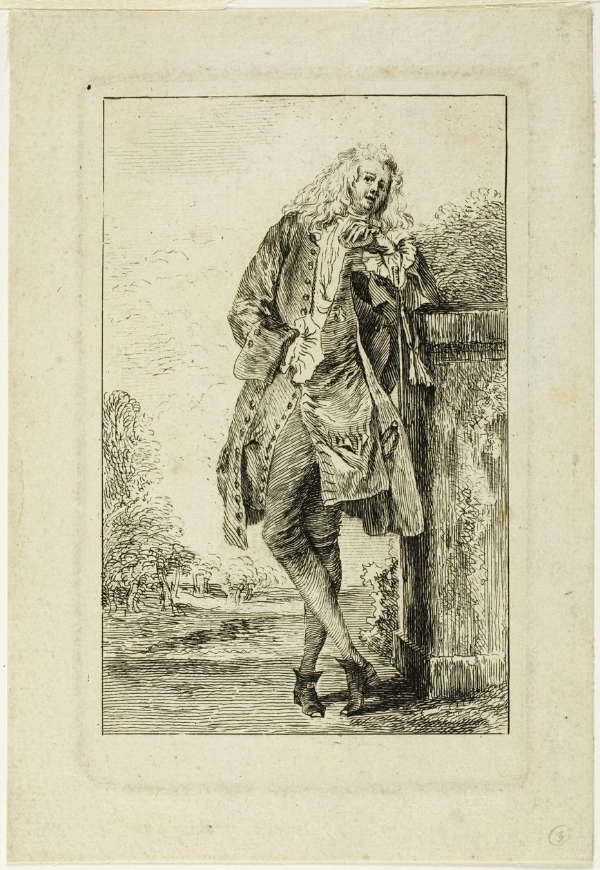 Pysyvä mies nojaa kyynärpäähän tekijältä Jean Antoine Watteau