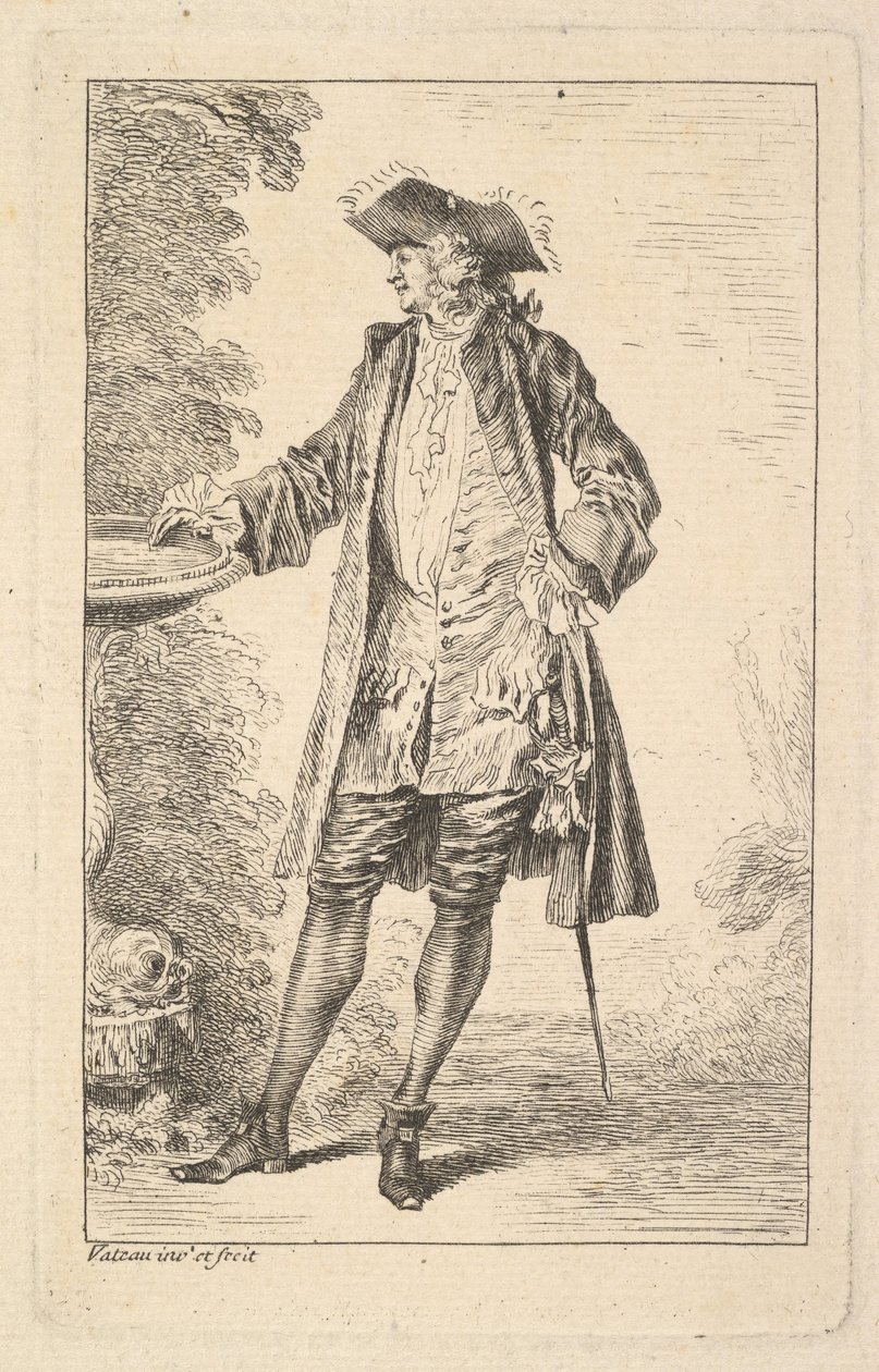 Pysyvä mies oikea käsi lepää altaalla, kuvassa kolme neljäsosaa..., n. 1710. tekijältä Jean Antoine Watteau