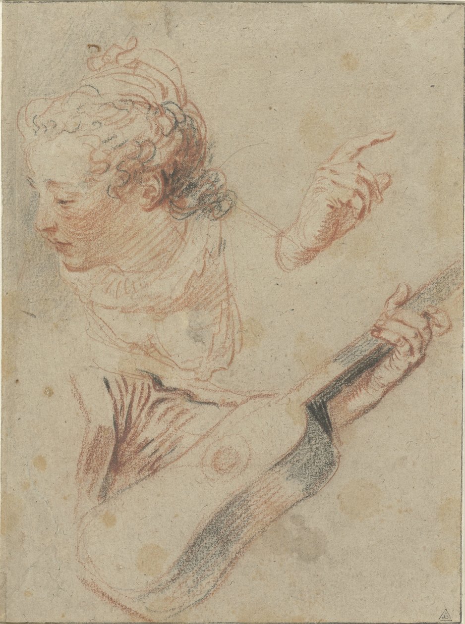Opintolehti, jossa tytön alaslaskettu pää, kitara ja niitä soittavat kädet tekijältä Jean Antoine Watteau