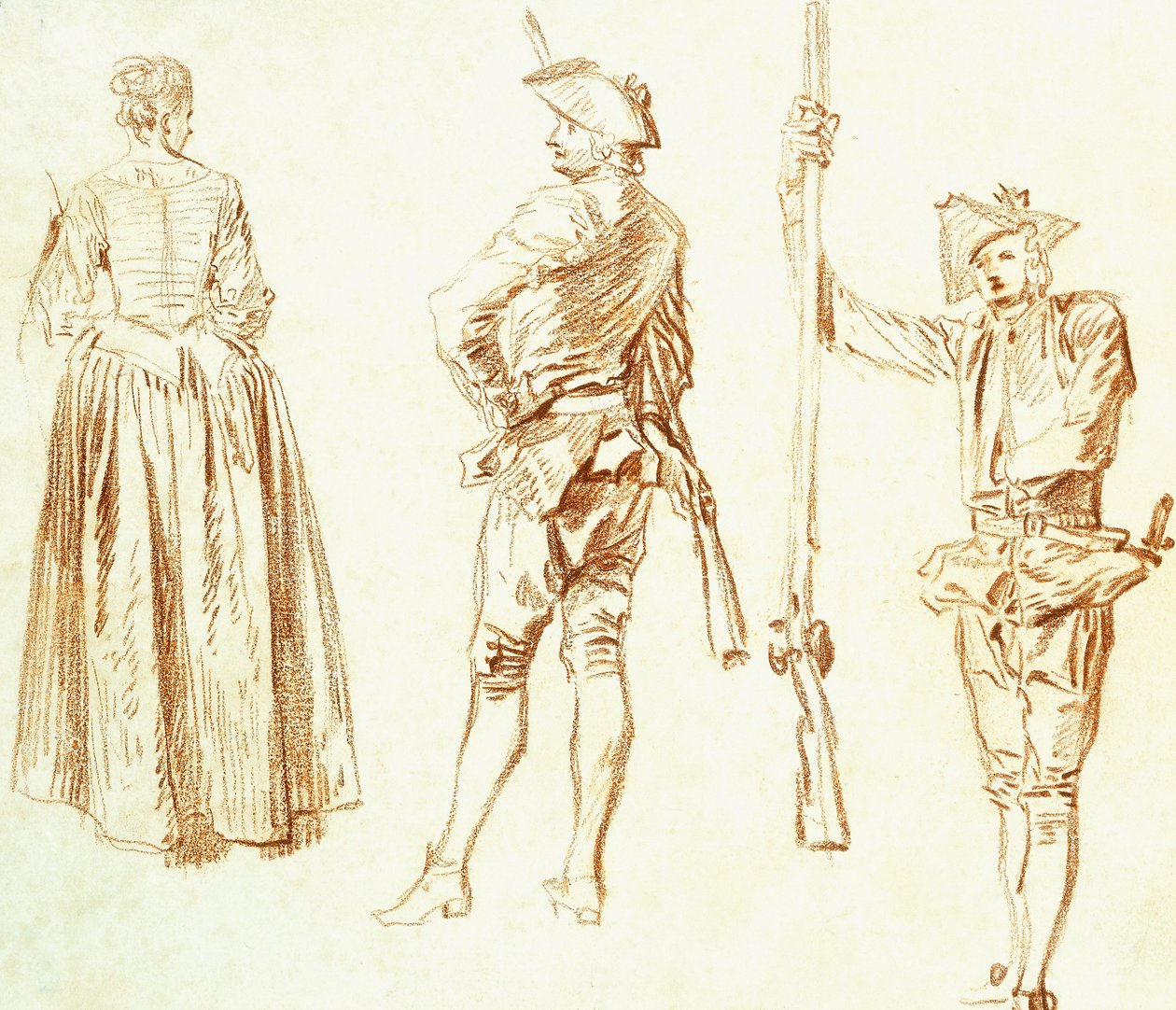 Tutkimus nuoresta naisesta ja kahdesta metsästäjästä, n. 1712-13 tekijältä Jean Antoine Watteau