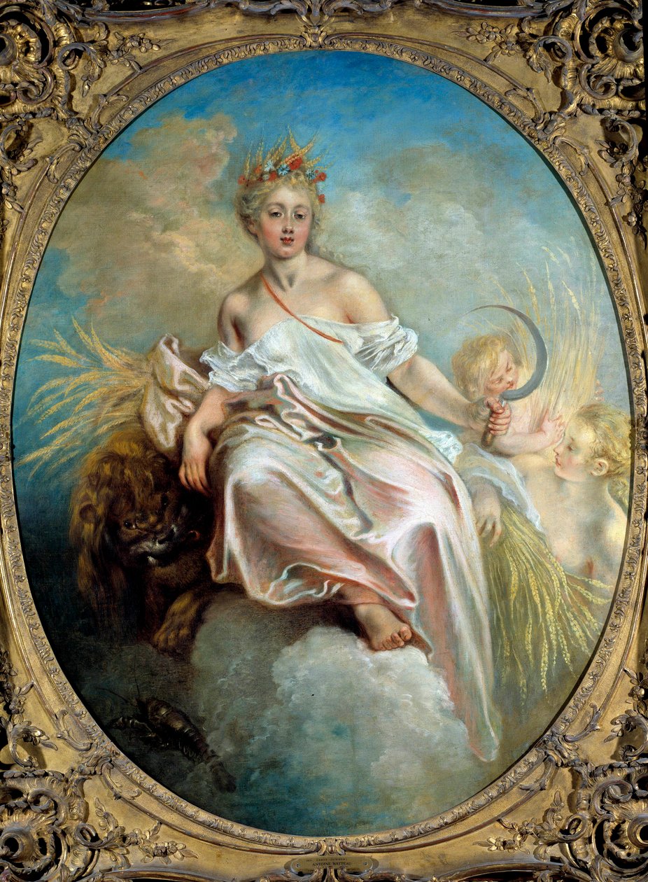Summer Alllegory of the Seasons, nuori nainen pitelee sirppiä kädessään. Jean Antoine Watteaun (1684-1721) maalaus 1700-luvun Washingtonista. National Gallery of Art tekijältä Jean Antoine Watteau