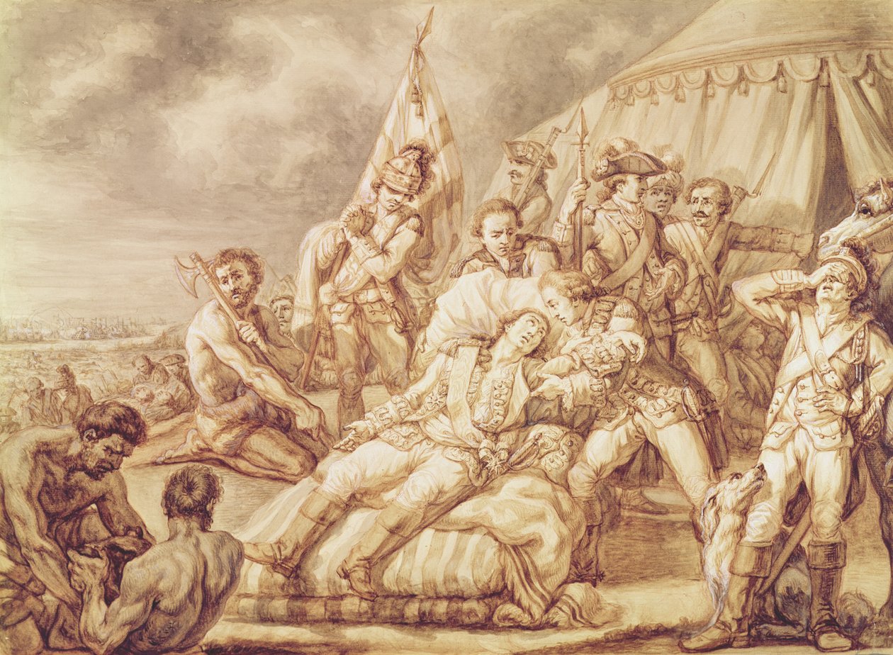 Markiisi de Montcalm de Saint-Veranin (1712-59) kuolema (kynän ja musteen pesu vartalovärillä paperilla) tekijältä Jean Antoine Watteau