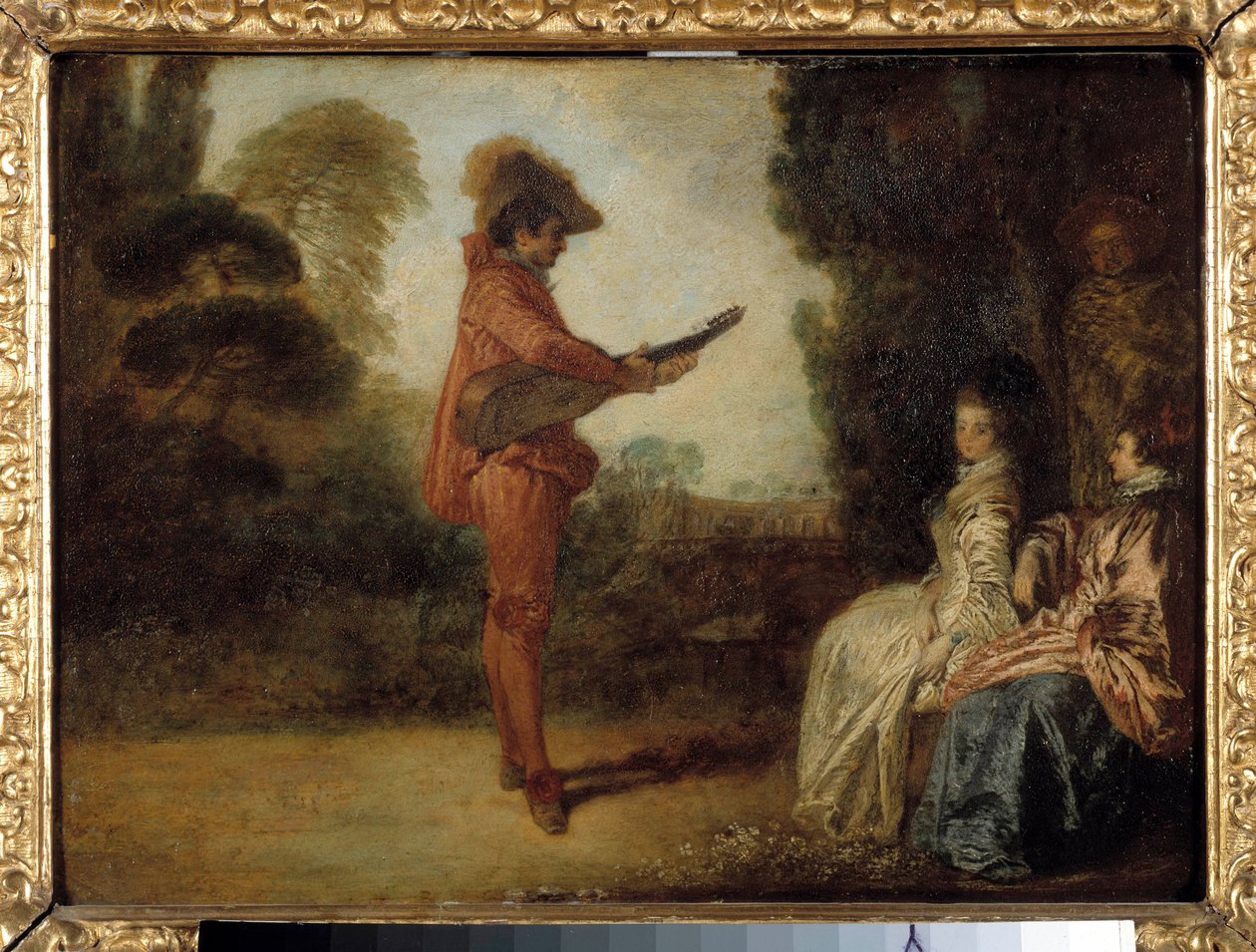The Enchanting Nuori muusikko viettelemässä kahta nuorta naista musiikillaan. Jean Antoine Watteaun (1684-1721) maalaus tekijältä Jean Antoine Watteau