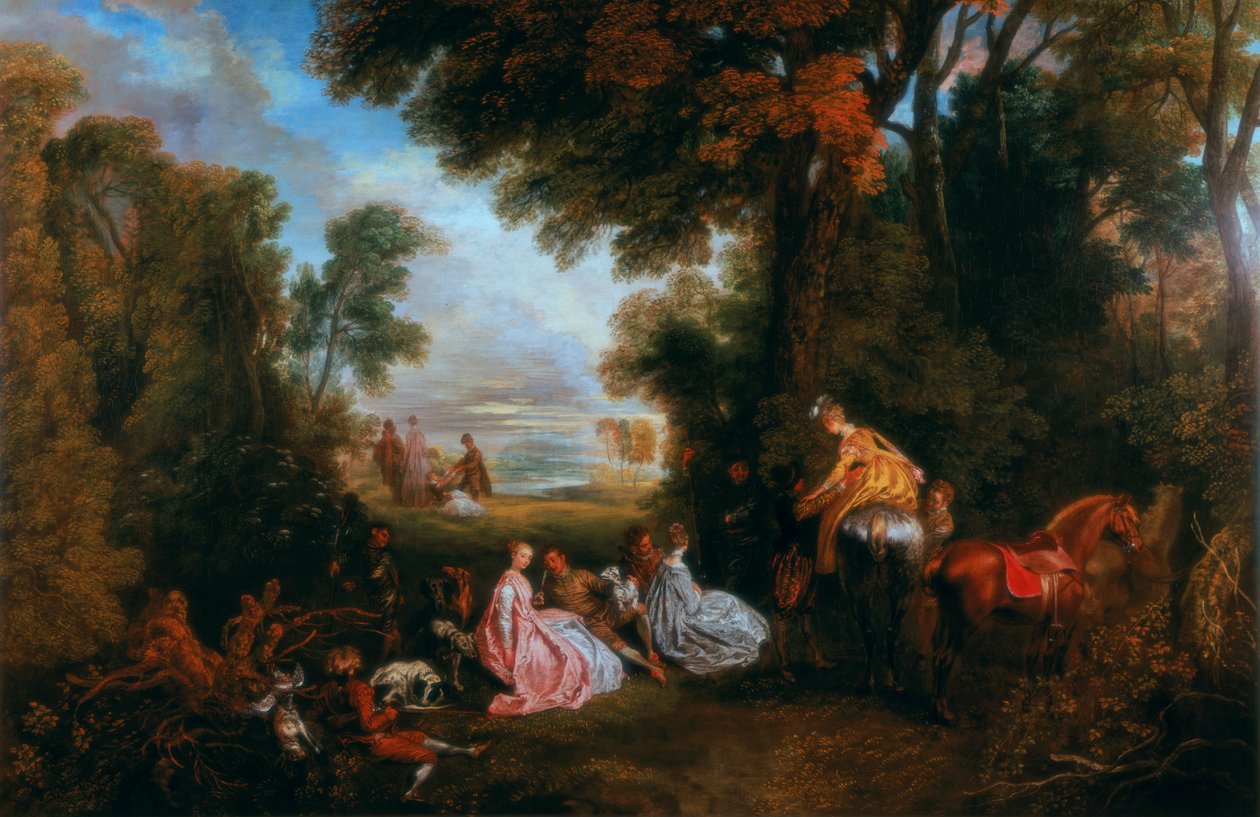 Pysähdys takaa-ajan metsästyksen aikana Rendez-vous, 1717-1720. tekijältä Jean Antoine Watteau