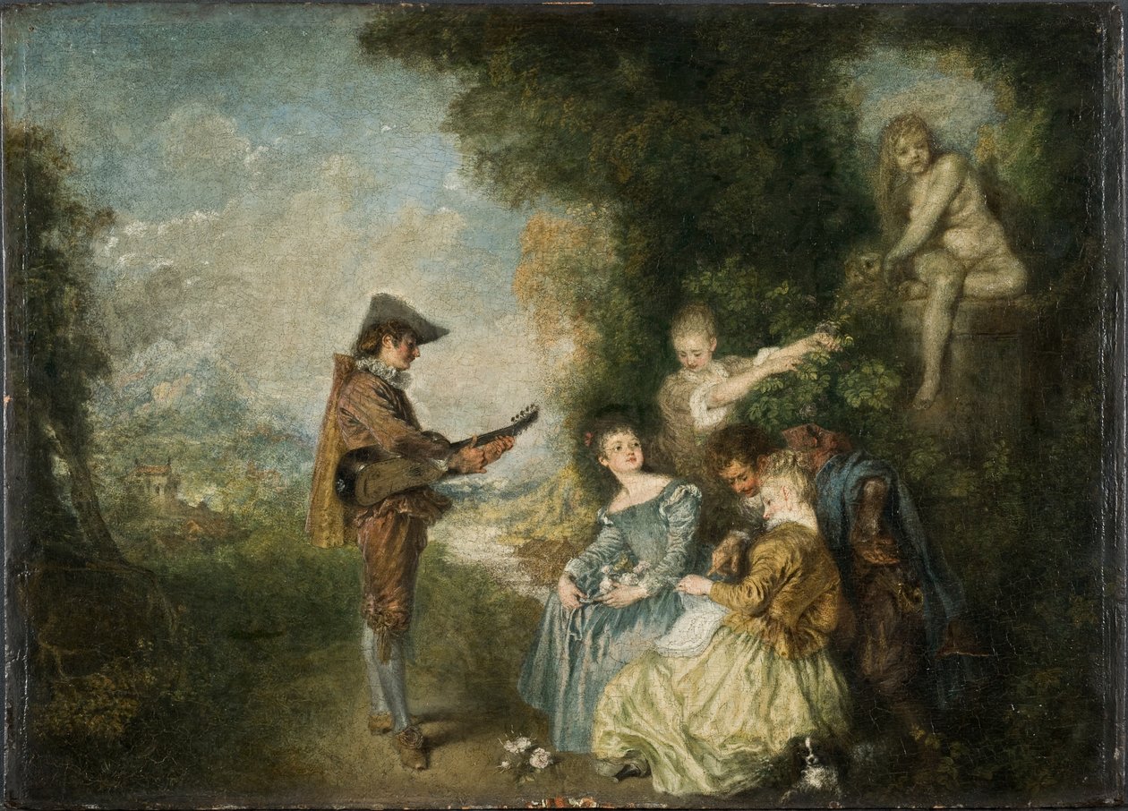 The Love Lesson (öljy paneelissa) tekijältä Jean Antoine Watteau