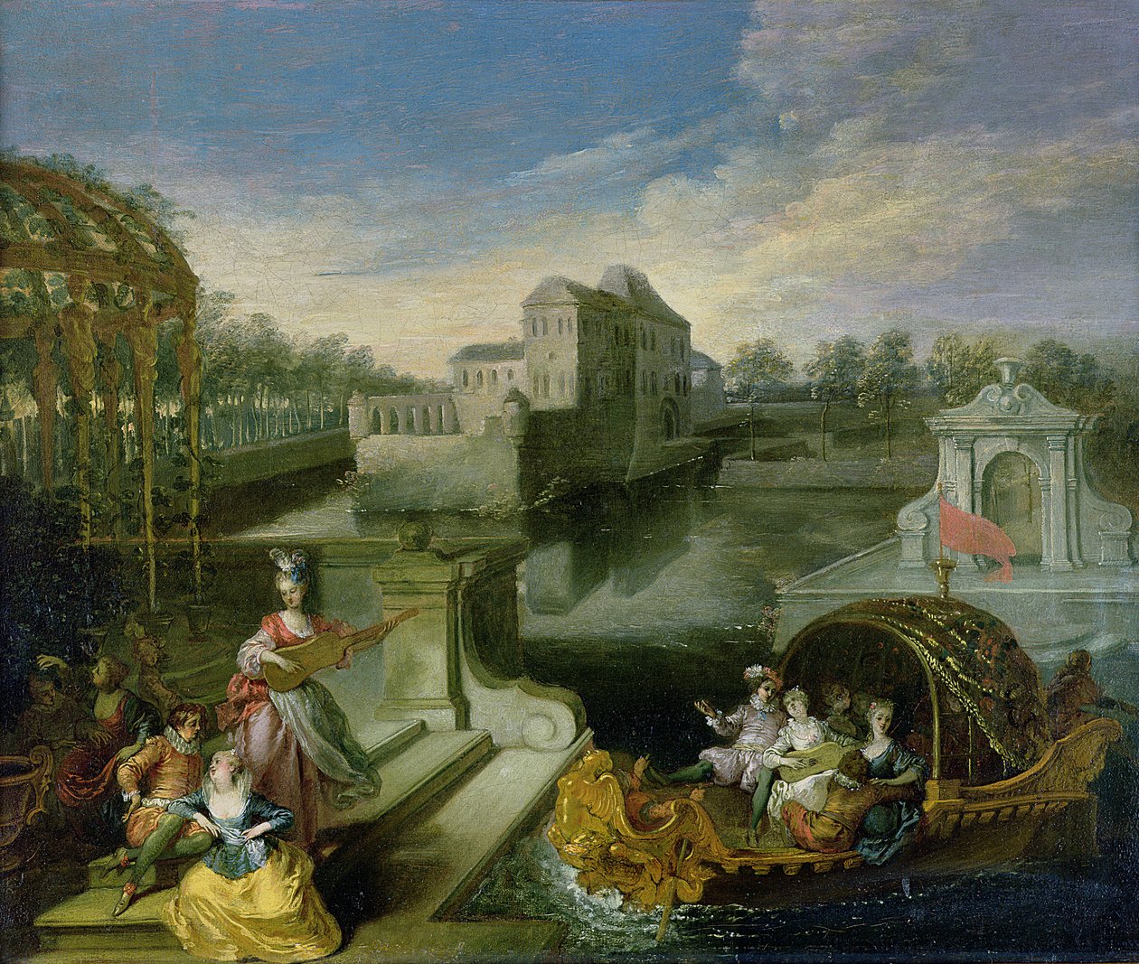 Kevät: Fete Champetre vesipuutarhassa hahmojen kanssa veneessä tekijältä Jean Antoine Watteau