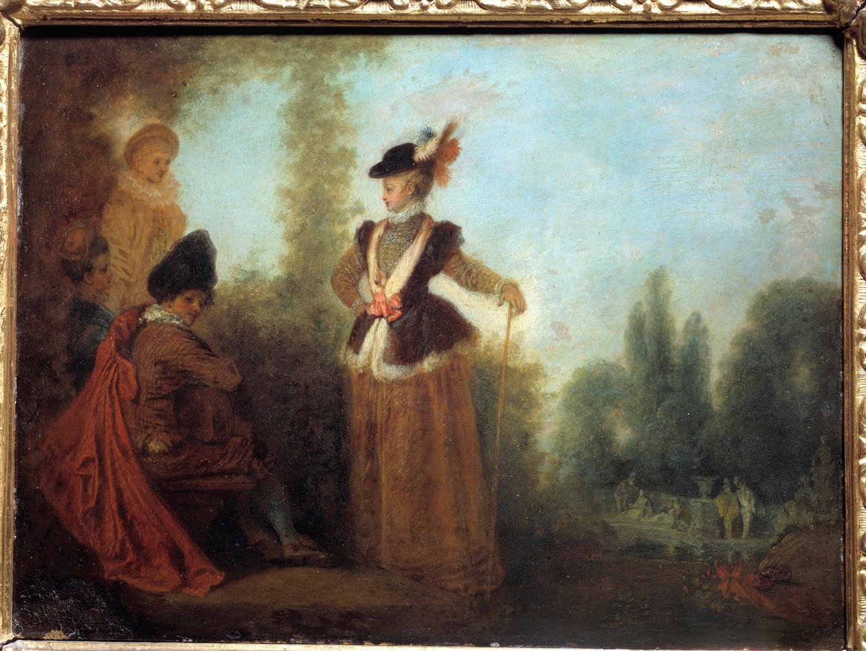 Seikkailija Tyylikäs nuori nainen matkaasuissa. Jean Antoine Watteaun (1684-1721) maalaus 1700-luvun Troyes musee des Beaux Arts tekijältä Jean Antoine Watteau