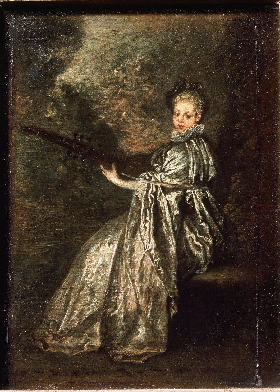 Hieno tyttö soittamassa kielisoittimella öljyä kankaalle tekijältä Jean Antoine Watteau