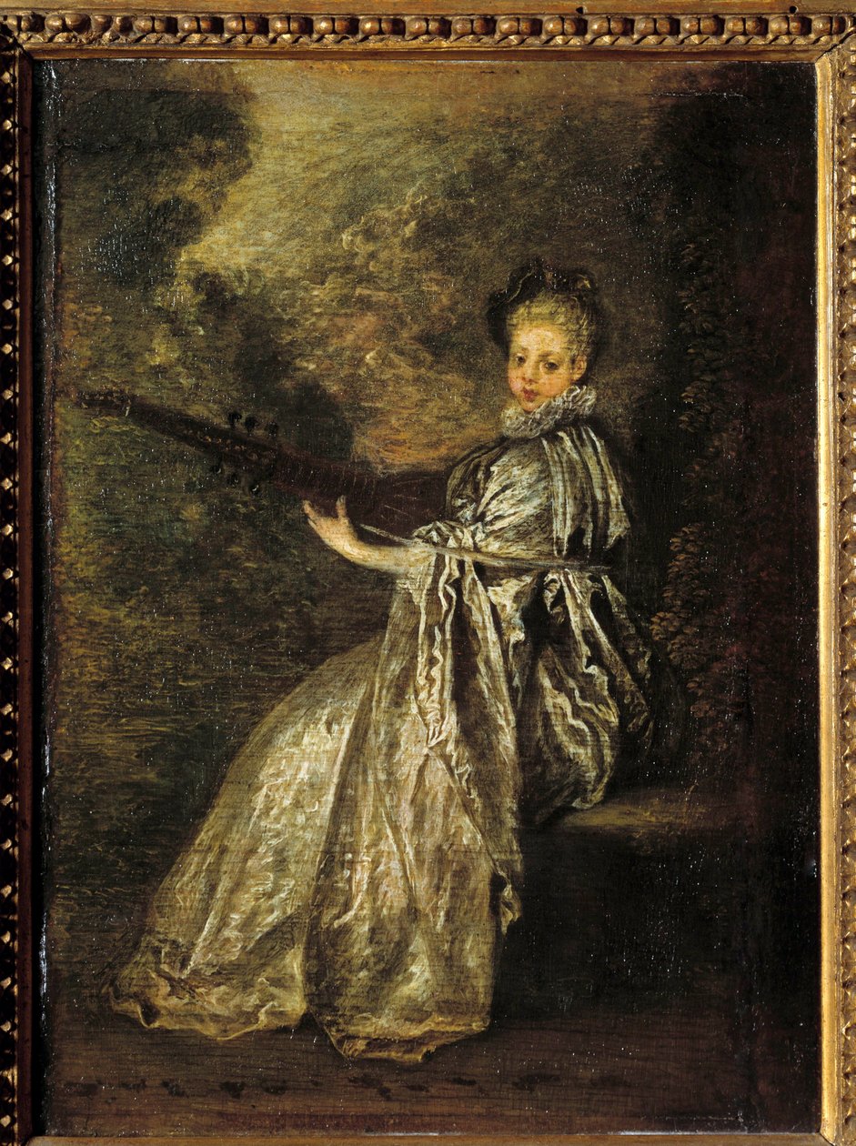 Hieno tyttö soittaa kielisoittimella. Jean Antoine Watteaun (1684-1721) maalaus 1700-luvun aurinko. 0,25x0,19 m tekijältä Jean Antoine Watteau