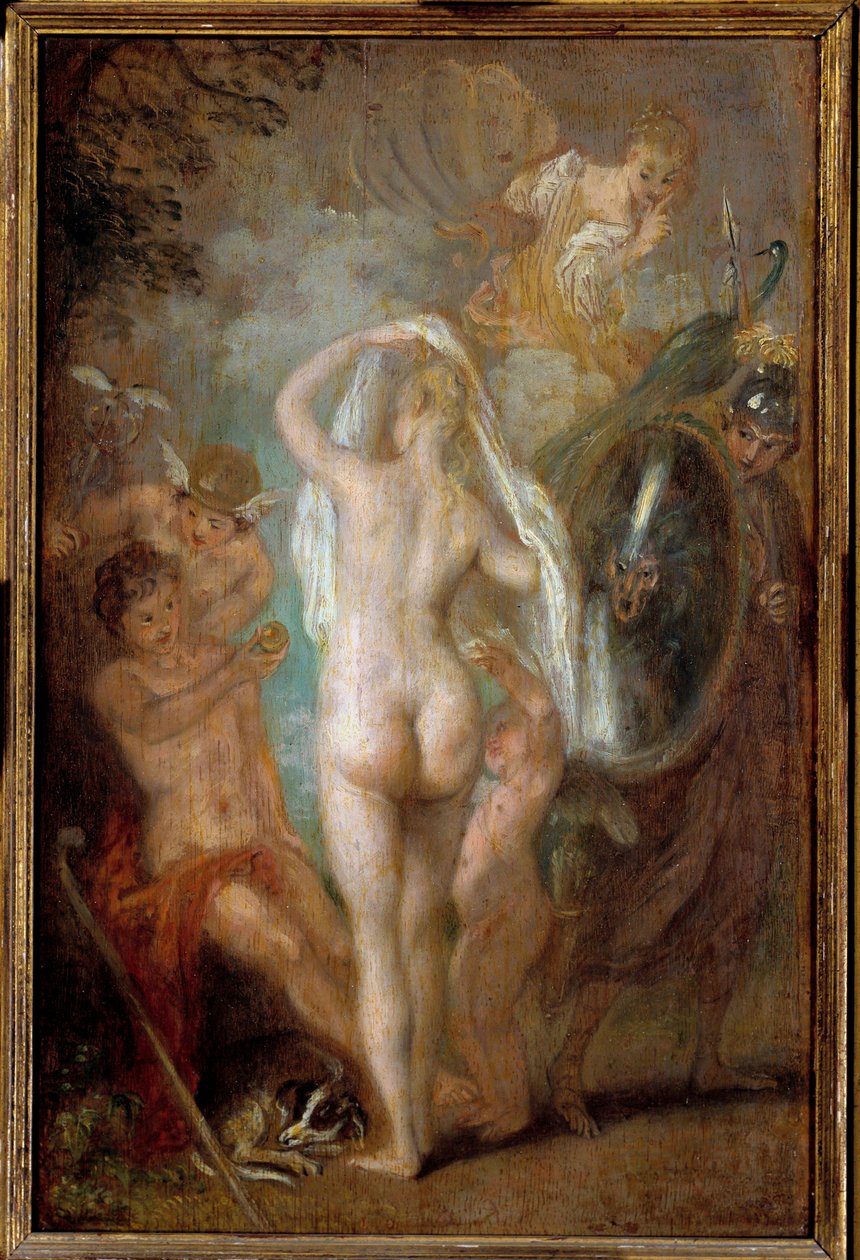 Pariisin tuomio Paimen Parisin on valittava, kenelle hän antaa kultaisen omenan, joka suunnittelee kolmesta jumalattaresta kauneimman, Athenan, Afroditen tai Heran. Jean Antoine Watteaun (1684-1721) maalaus Sun. 0,47x0,31 m tekijältä Jean Antoine Watteau