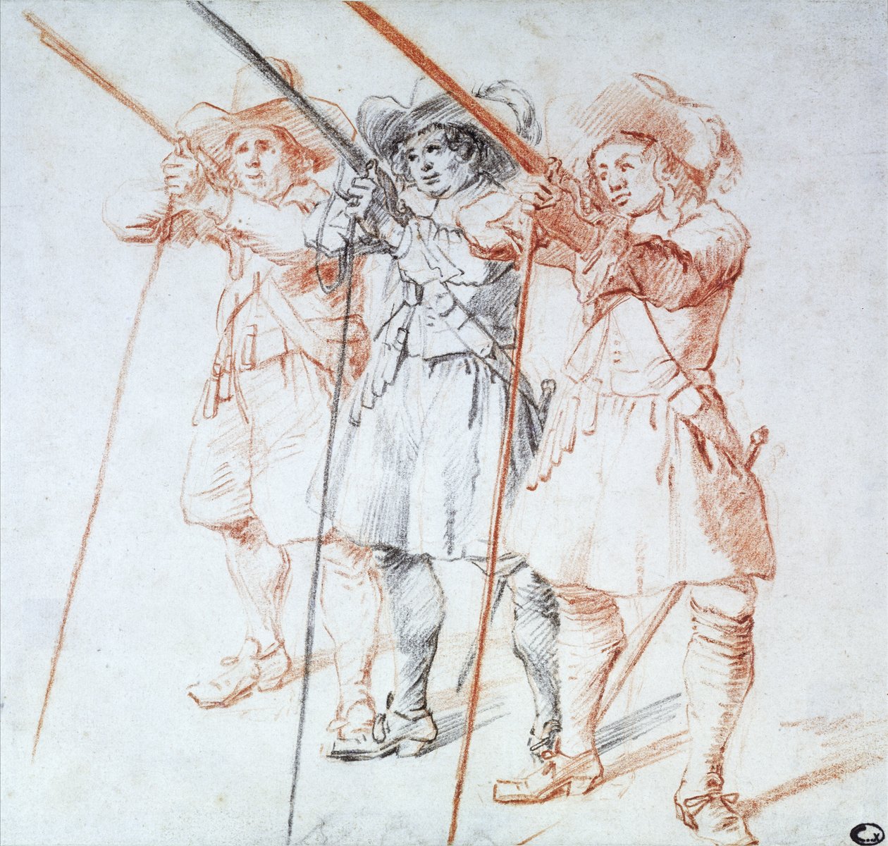 Kolme Arquebusieria, 1712 (musta ja punainen liitu paperille) tekijältä Jean Antoine Watteau