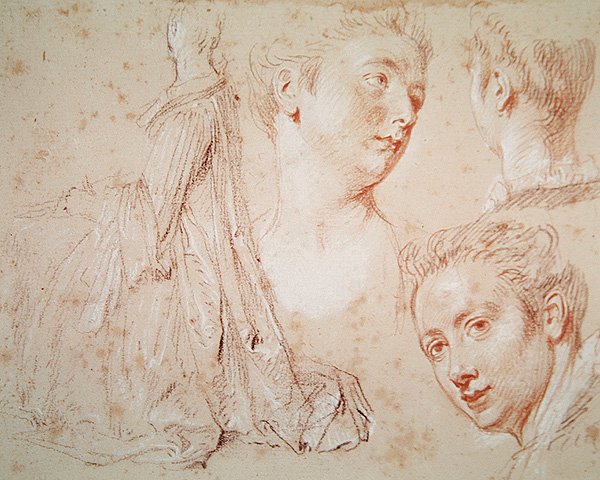 Kolme päätä ja istuva nainen, n. 1716 (paperiliitu musta-punaisella liidulla) tekijältä Jean Antoine Watteau