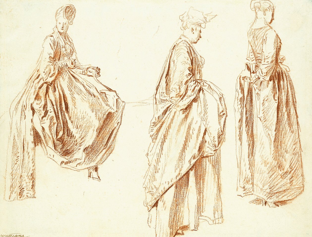 Kolme naista profiilissa oikealla, yksi istuva, n.1713-14 tekijältä Jean Antoine Watteau