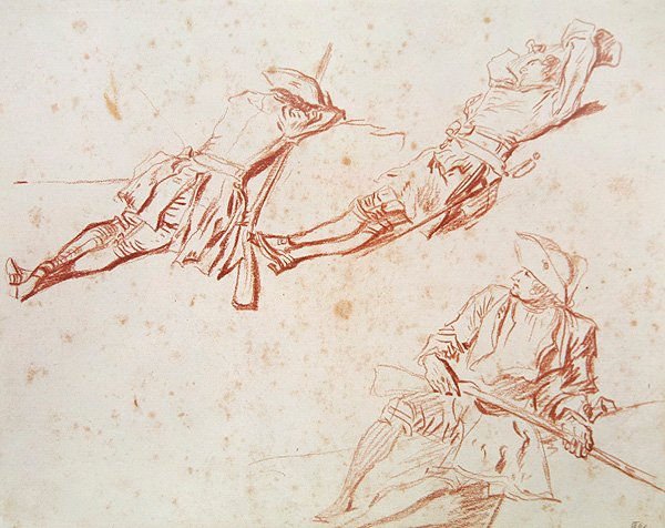Kolme lepäävää sotilasta, 1709 (punainen liitu paperille) tekijältä Jean Antoine Watteau
