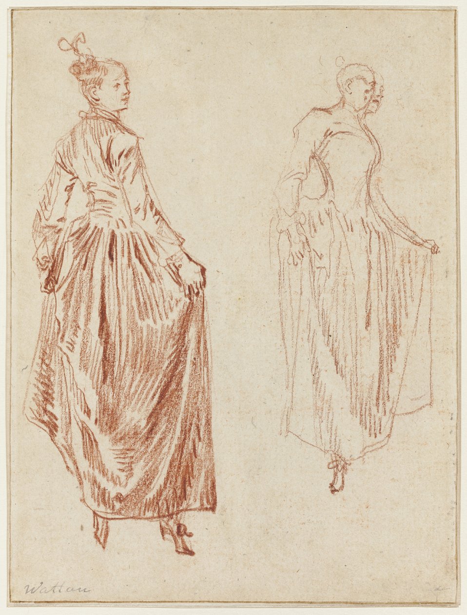 Kaksi tutkimusta tanssijasta, joka nostaa hamettaan kahdella kädellään. tekijältä Jean Antoine Watteau
