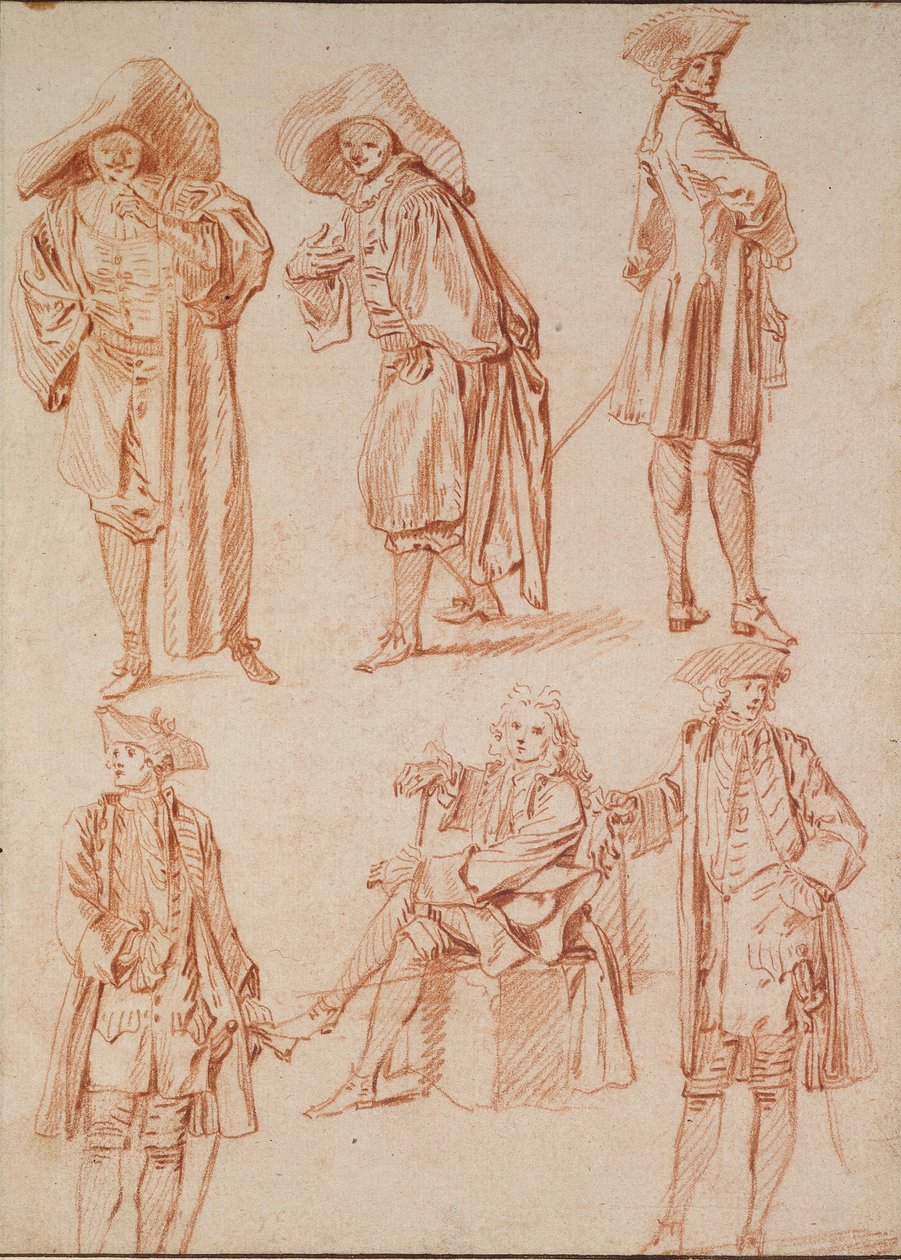 Kaksi tutkimusta italialaisen komedian lääkäristä ja neljä upseeria, 1700-luku tekijältä Jean Antoine Watteau