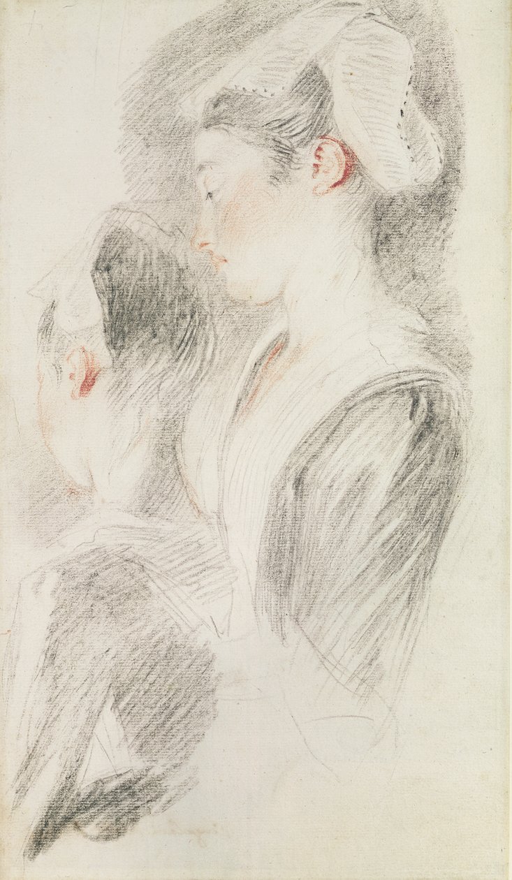 Kaksi tutkimusta naisesta, kolme neljäsosaa takaa, yksi profiilissa (sangviini ja musta liitu paperilla) tekijältä Jean Antoine Watteau