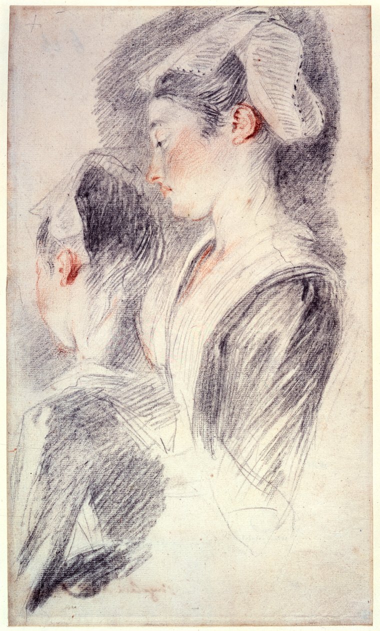 Kaksi tutkimusta nuoren naisen päästä, 1716-1818 tekijältä Jean Antoine Watteau