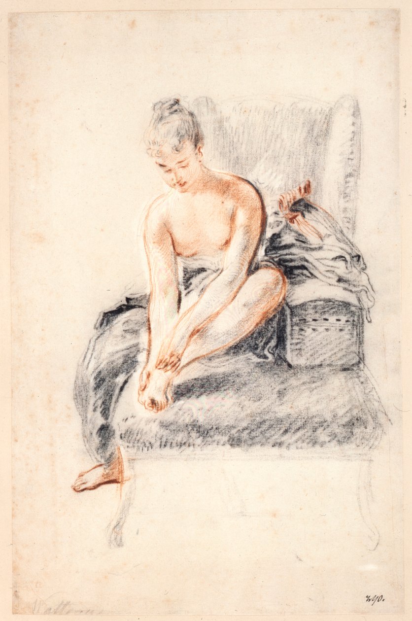 Nuori nainen, alaston, pitelee toista jalkaa käsissään, 1716-18. tekijältä Jean Antoine Watteau