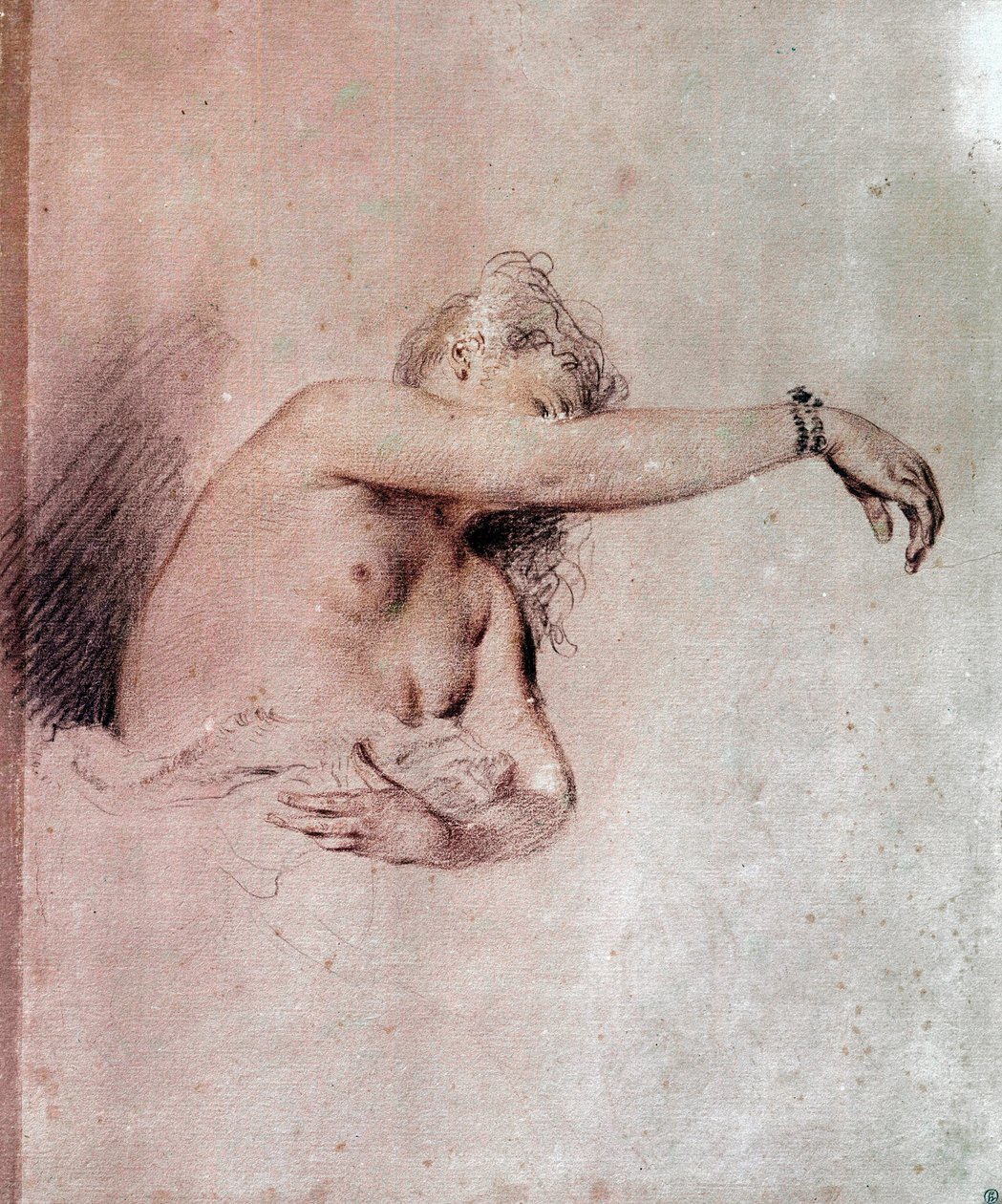 nainen alasti, käsi koholla Veren piirtäminen Jean Antoine Watteau (1684-1721) 1700-luvun su. 0,28x0,23 m Pariisi, Musee du Louvre tekijältä Jean Antoine Watteau