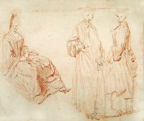 Kolme naista, yksi istuu vasemmalla (punainen liitu paperille) tekijältä Jean Antoine Watteau