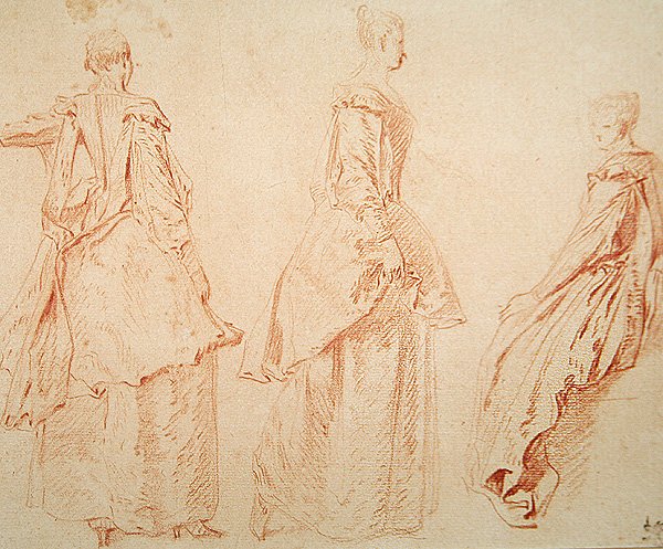 Kolme naista, yksi istuu oikealla (punainen liitu paperilla) tekijältä Jean Antoine Watteau