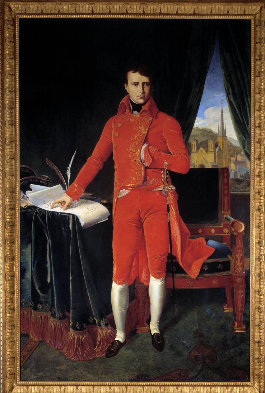 Täyspitkä muotokuva Napoleon Bonapartesta (1769-1821) Joseph Pelin ensimmäisenä konsulimaalauksena Jean-Auguste-Dominique Ingresin (Jean Auguste Dominique) (1780-1867) jälkeen 1929 su. 1,2x2,2m. Malmaison, linnamuseo Huomio! Tämän teoksen käyttö voi olla a tekijältä Jean Auguste Dominique (after) Ingres