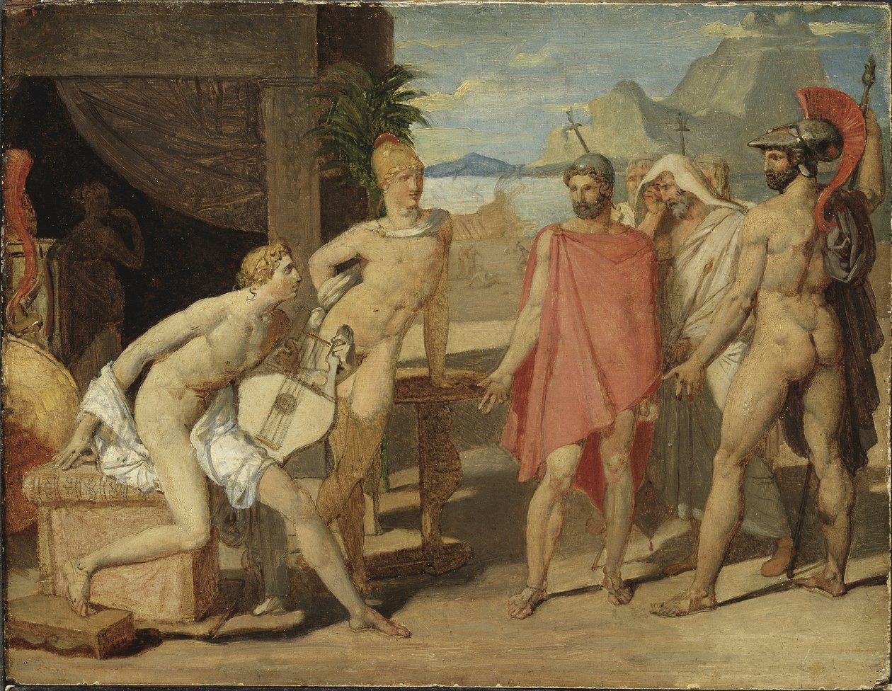 Akhilleus vastaanottaa Agamemnonin suurlähettiläät - Akhilleus vastaanottaa Agamemnonin suurlähettiläät, kirjoittanut Ingres, Jean Auguste Dominique (1780-1867). öljy puulle tekijältä Jean Auguste Dominique Ingres