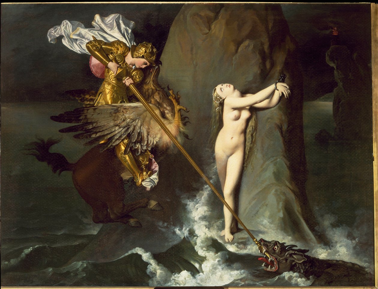 Roger (Ruggero, Ruggiero) vapauttaa Angelican ratsastaa virtahepolla (Orlando furiososta, Ludovico Ariosto) - öljy kankaalle tekijältä Jean Auguste Dominique Ingres