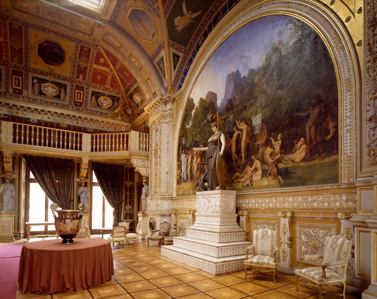 Chateau de Dampierren juhlasali, Ingresin freskoja ja jättimäinen Minervan patsas, Ranska tekijältä Jean Auguste Dominique Ingres