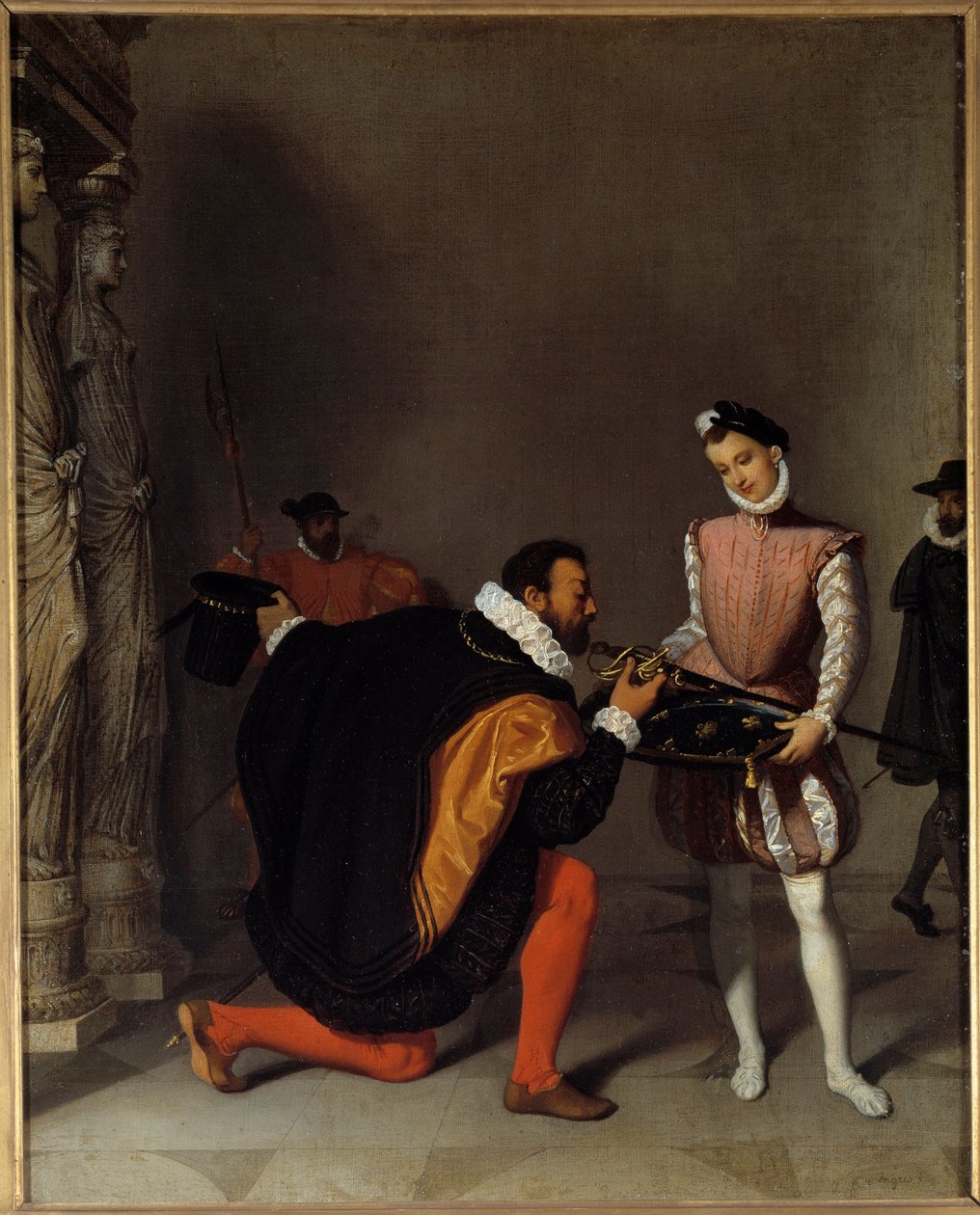 Don Pedro de Toledo, Filip II:n suurlähettiläs suutelemassa Henri IV:n (1553-1610) nopeutta Louvressa Jean-Auguste-Dominique Ingresin (1780-1867) maalaus 1800-luvun su. 0,45x0,36 m Pau, musee du chateau tekijältä Jean Auguste Dominique Ingres
