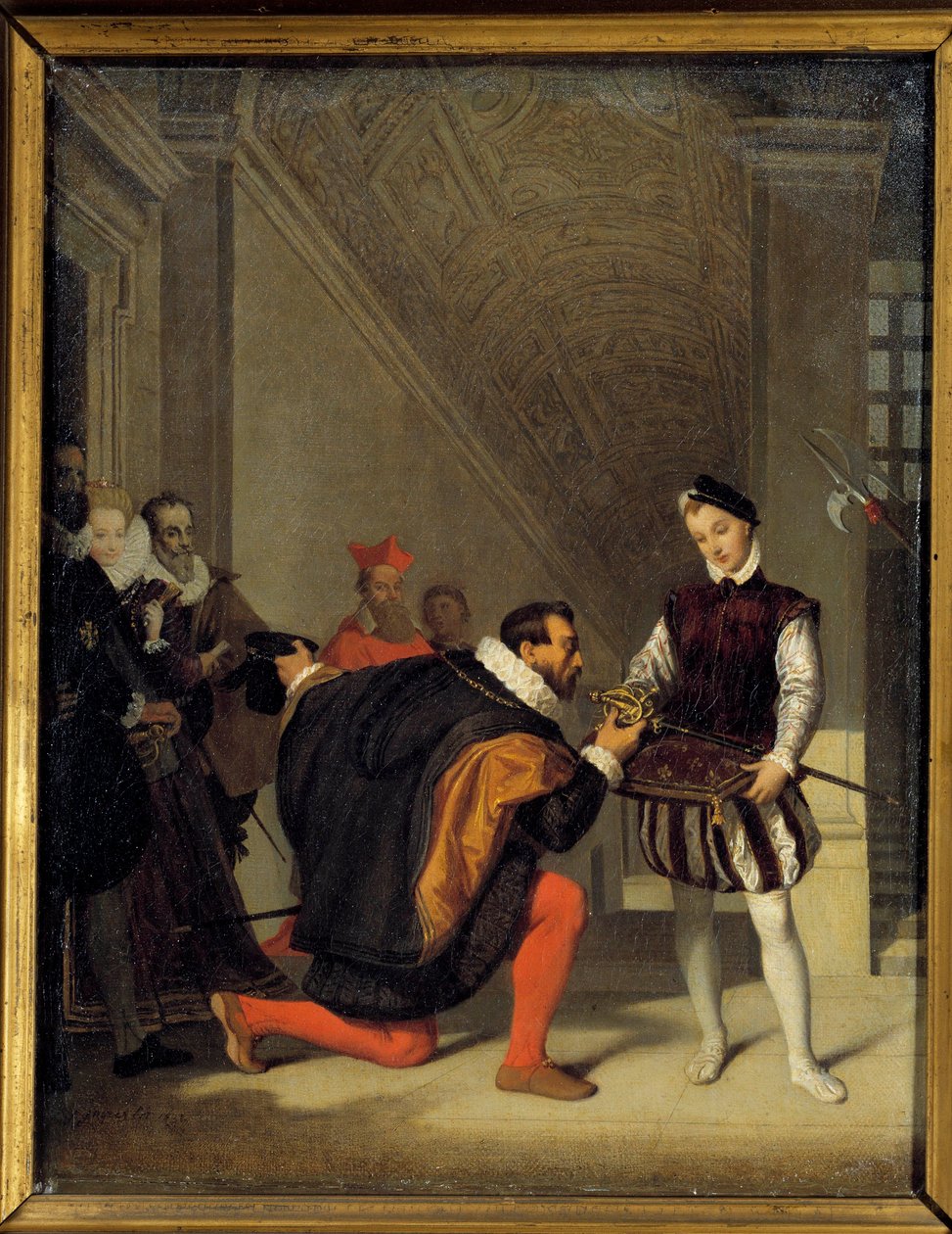 Don pedro de Toledo, Philip II:n suurlähettiläs suutelemassa Henrik IV:n miekkaa (1553-1610). Portaikko Henri II Louvressa. Jean Auguste Dominique Ingresin (1780-1867) maalaus 1800-luvun aurinko. 0,36x0,28 m - Don Pedro de Toledo, Philippe II:n suurlähetti tekijältä Jean Auguste Dominique Ingres