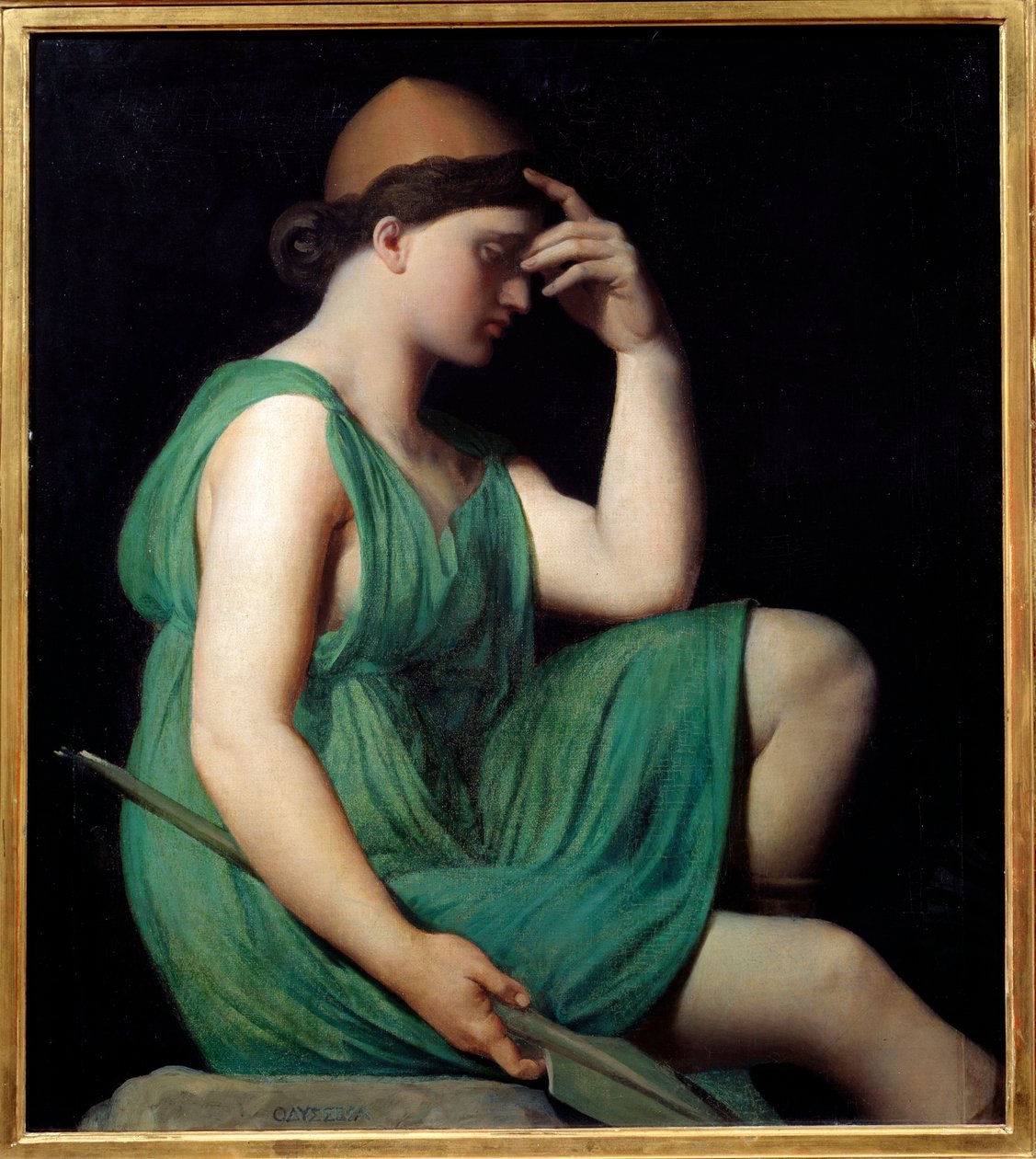 Odyssee. Tutkimus "Homeren apotheoosille"" Allegoria naisena tunikassa istuvana profiilissa, jossa toinen käsi heijastaa kasvojensa edessä ja keihäs toisessa. Jean Auguste Dominique Ingresin (1780-1867) maalaus tekijältä Jean Auguste Dominique Ingres