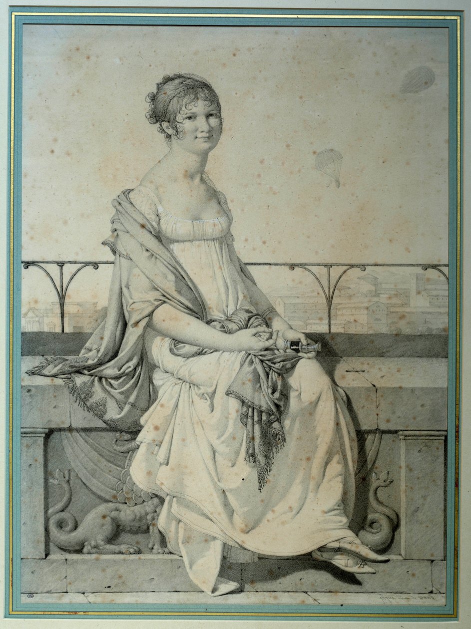 Muotokuva neiti Barbara Bansista istumassa italialaisessa maisemassa. Piirustus Jean Auguste Dominique Ingres (1780-1867) tekijältä Jean Auguste Dominique Ingres