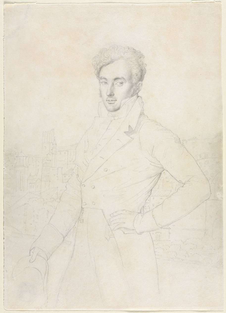 Muotokuva nuoresta miehestä seisomassa Quirinalilla, taustalla Turris Comitum, 1800-luku. tekijältä Jean Auguste Dominique Ingres