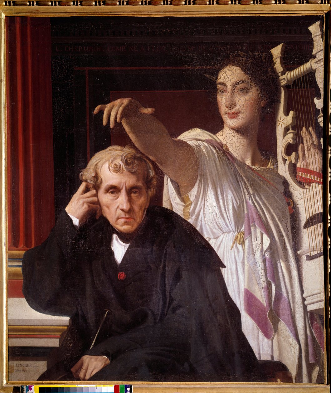 Muotokuva italialaisesta säveltäjästä Luigi Cherubinista (1760 - 1842) lyyrisen runouden museon kanssa. Jean Dominique Ingresin (1780-1867) maalaus tekijältä Jean Auguste Dominique Ingres