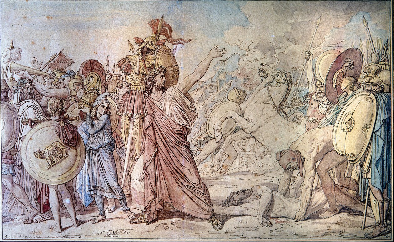 Romulus tuo Jupiterin (Zeuksen) temppeliin Acronin aseet, jotka hän juuri löi - Jean Auguste Dominique Ingresin (1780 - 1867) maalaus - Pariisi, Ecole des Beaux Arts tekijältä Jean Auguste Dominique Ingres