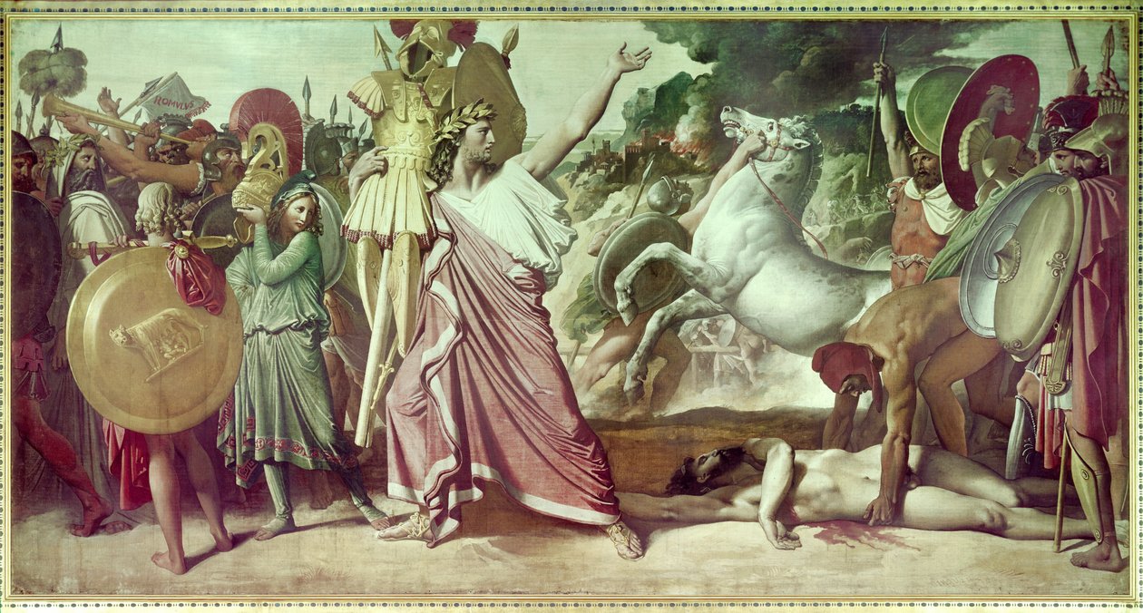 Romulus victor of Acron kantaa opimiittijäännökset Jupiterin temppeliin Rooman perustaja Romulus (Romolo) voitti Acronin, Ceninians kuninkaan vuonna 748 eaa. Jean Auguste Dominique Ingresin (1780-1867) maalaus 1812 Pariisi, Ecole des beaux arts. tekijältä Jean Auguste Dominique Ingres