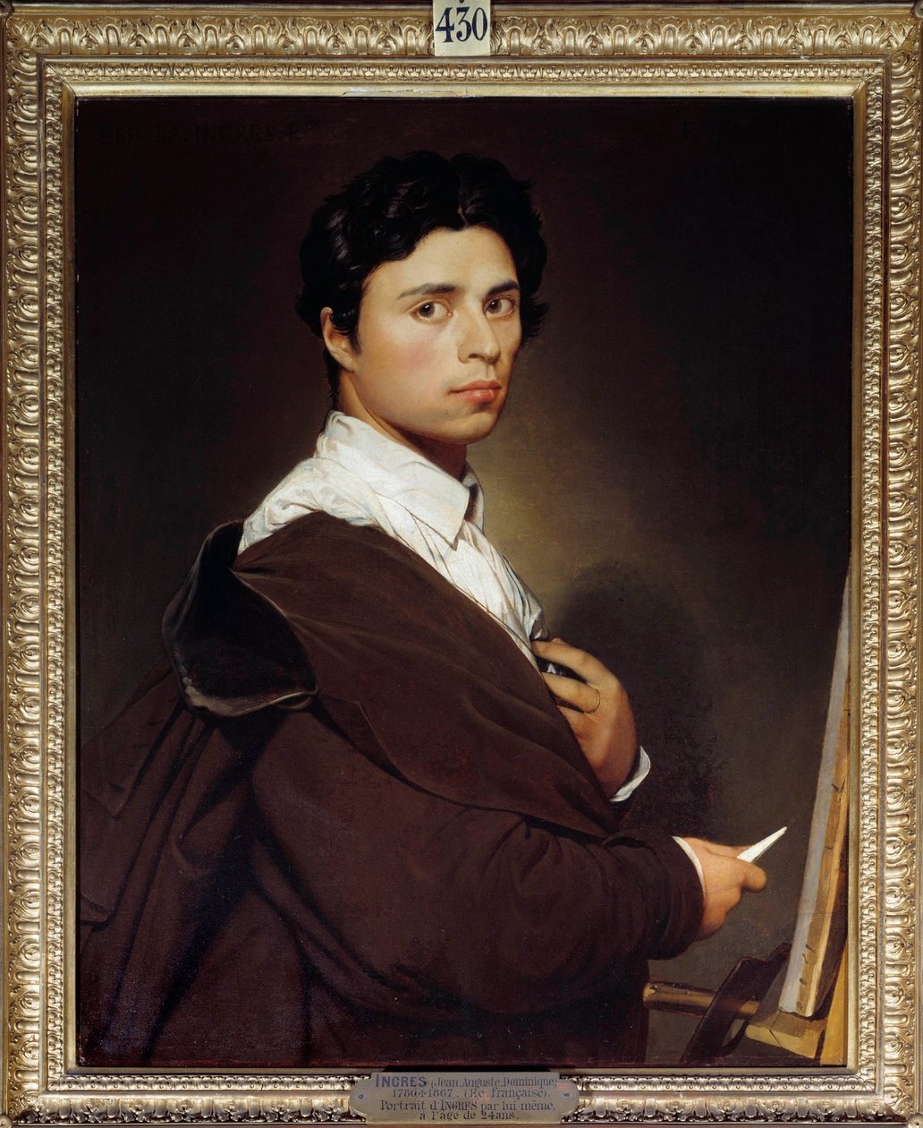 Jean Auguste Dominique Ingresin (1780-1867) omakuva 24 vuoden maalauksesta 1804 su. 0,77x0,61 m Chantilly, museo Conde - Omakuva 24-vuotiaana. Jean Auguste Dominique Ingresin (1780-1867) maalaus 1804. 0,77 x 0,61 m. Conde Museum, Chantilly, Franc tekijältä Jean Auguste Dominique Ingres