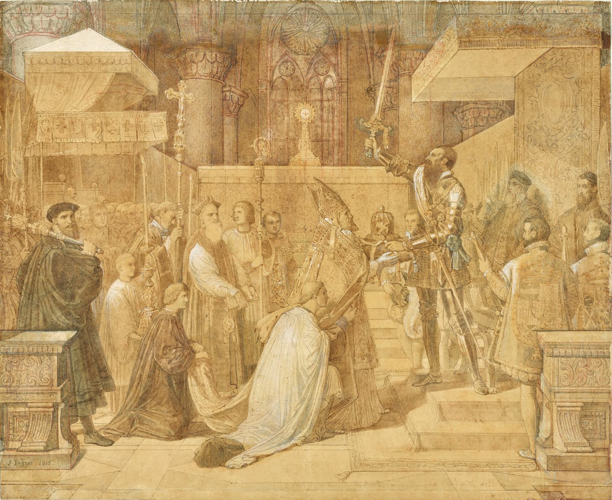 Alban herttua vastaanottaa paavin siunauksen Sainte-Gudulen katedraalissa, Brysselissä tekijältä Jean Auguste Dominique Ingres