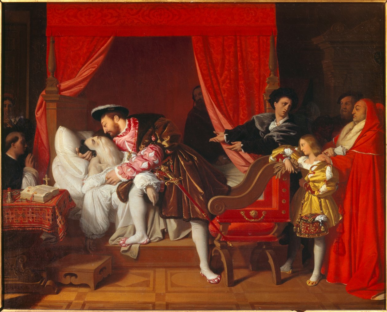Ranskan kuningas Francois I (1492-1547) vastaanottaa Leonard de Vincin viimeiset huokaukset Lucen luona tekijältä Jean Auguste Dominique Ingres