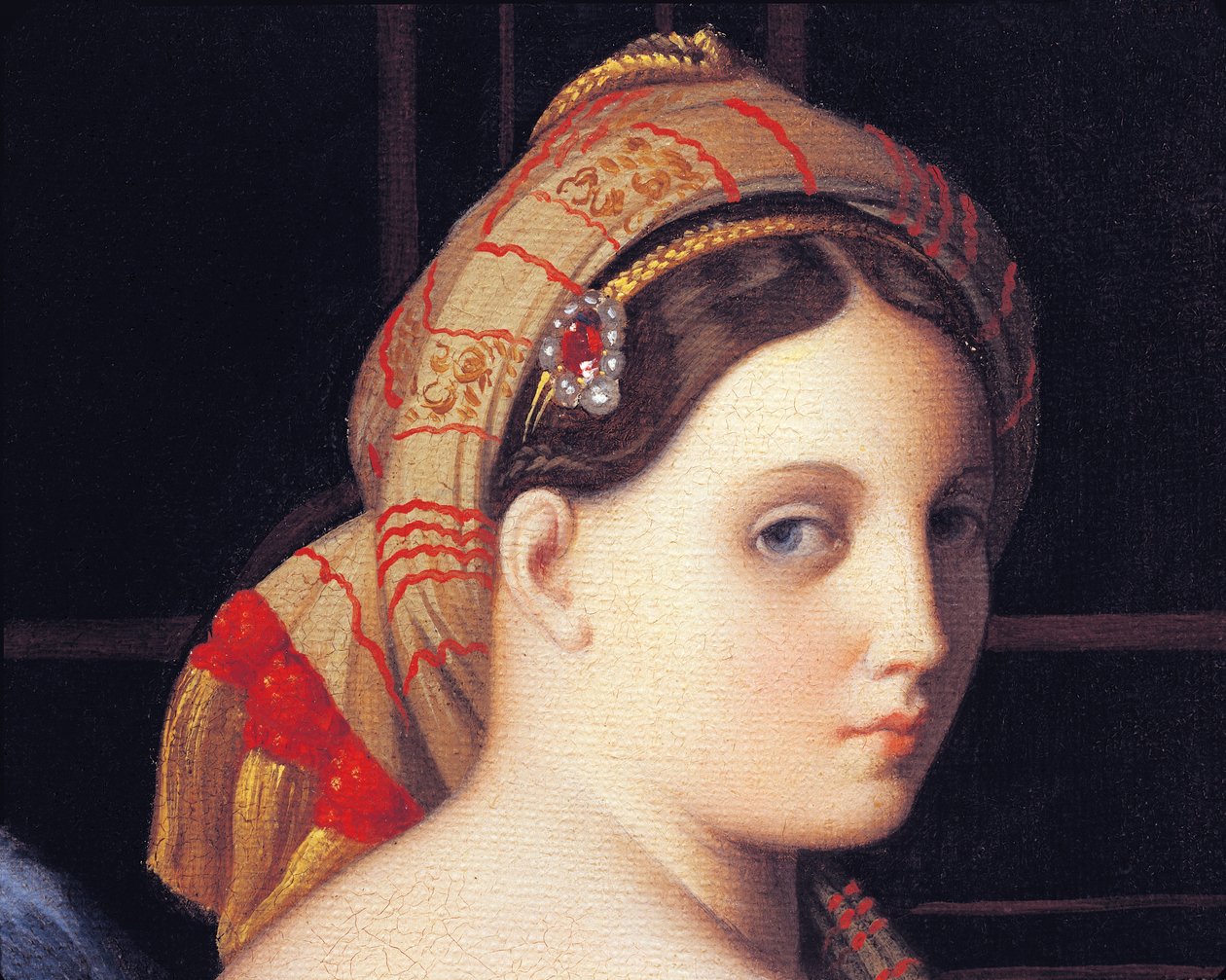Odaliskin kasvot, yksityiskohta The Great Odalisquesta, kirjoittanut Jean Auguste Dominique Ingres, yksityiskohta, öljy kankaalle tekijältä Jean Auguste Dominique Ingres