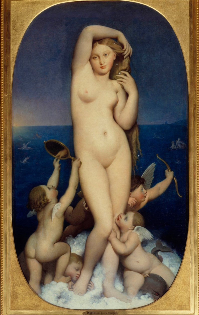 Jean Auguste Dominique Ingresin (1780-1867) Venus Anadyomene -maalaus 1800-luvun aurinko. 1,6x0,9 m Chantilly, museo Conde - Venus Anadyomene. Jean Auguste Dominique Ingresin (1780-1867) maalaus tekijältä Jean Auguste Dominique Ingres
