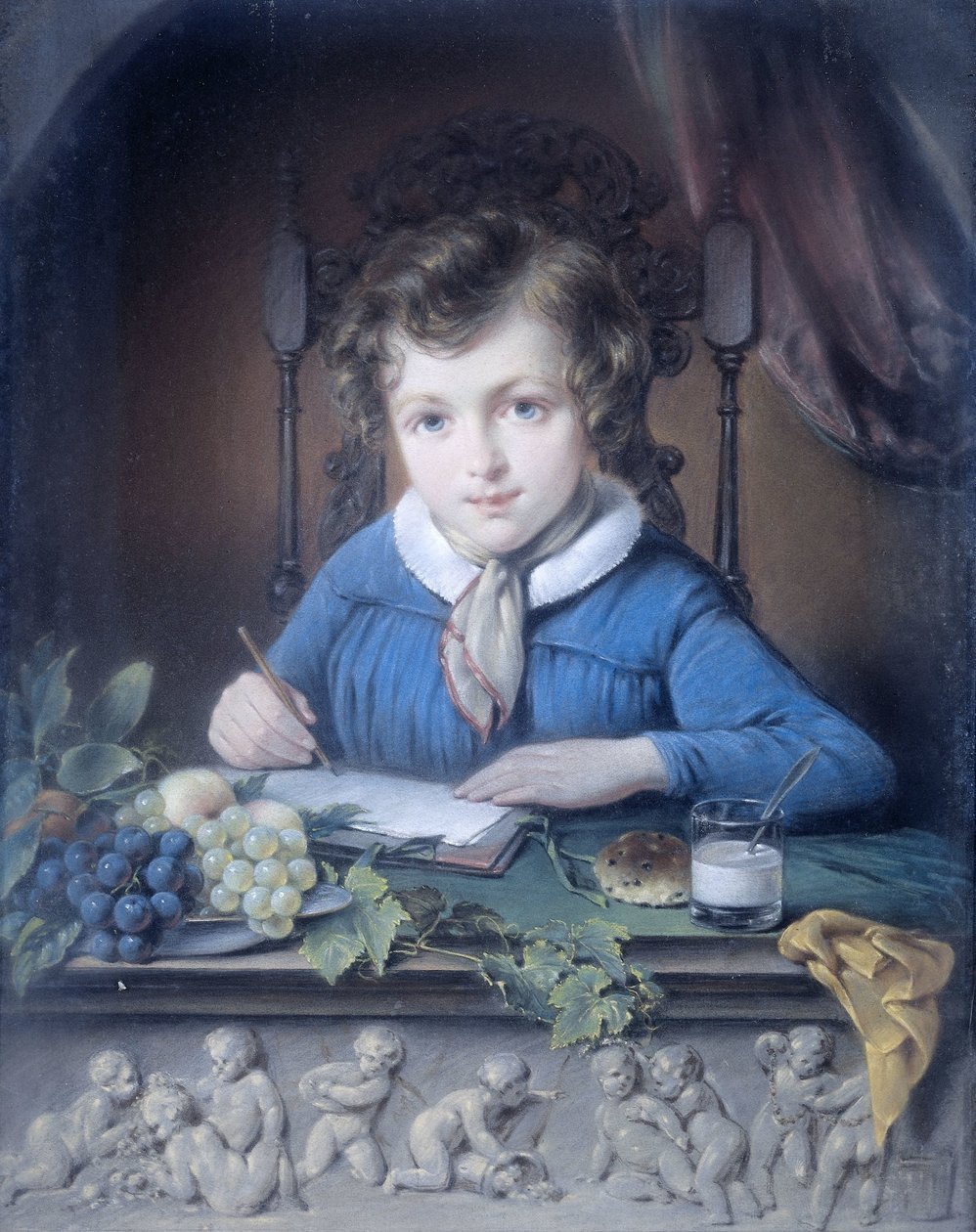 Pojan muotokuva, joka istuu ikkunarakossa ja yllään sininen takki tekijältä Jean Augustin Daiwaille (attributed to)