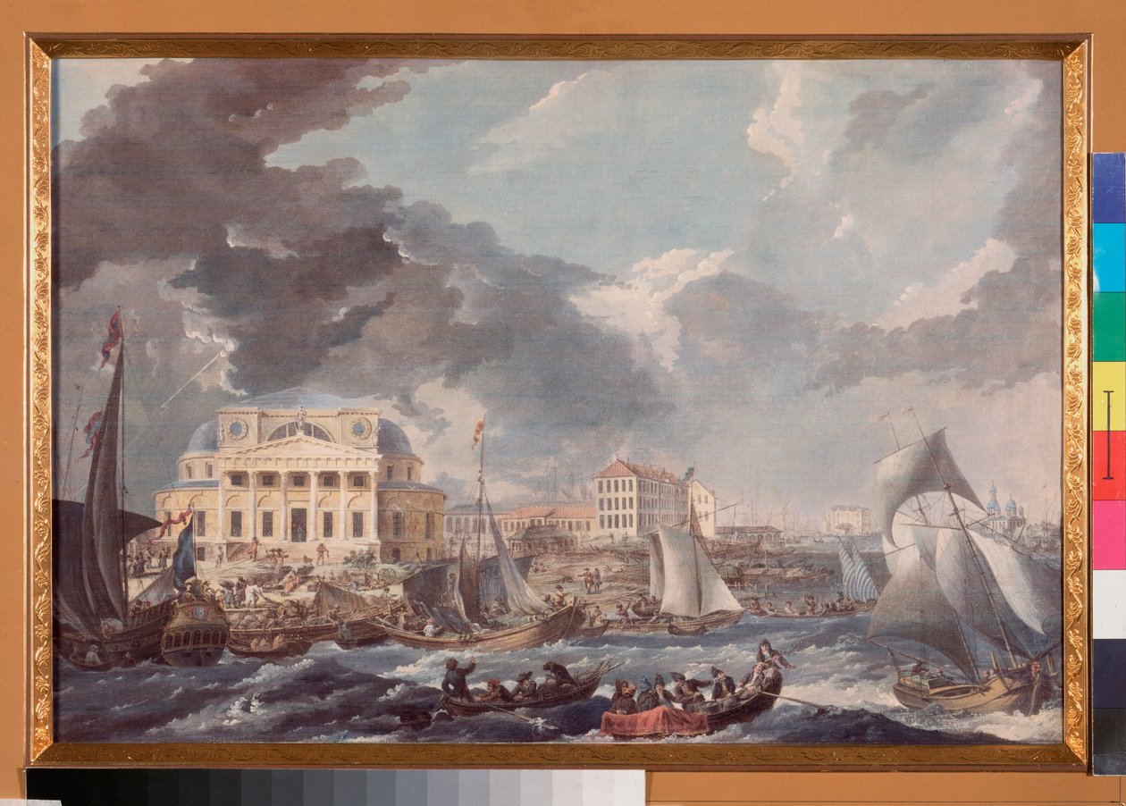 Vue de la Bourse a Saint Petersburg (näkymä Pietarin pörssistä) - Jean Balthazard de la Traversen työ (1700-luvun toinen puolisko), akvarelli ja guassi paperille tekijältä Jean Balthazard de la Traverse