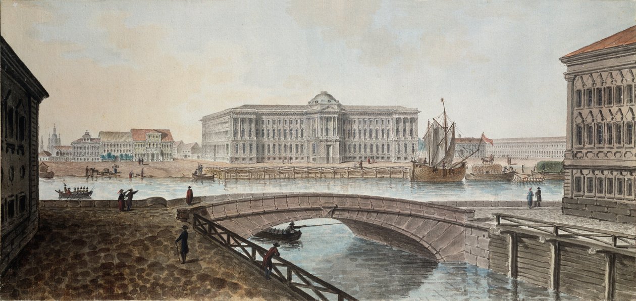 Näkymä Kuvataideakatemialle Nevan varrelta Pietarissa - Jean Balthazard de la Traversen teos (1700-luvun toinen puolisko), akvarelli ja guassi paperille, 1790 loppu, tekijältä Jean Balthazard de la Traverse