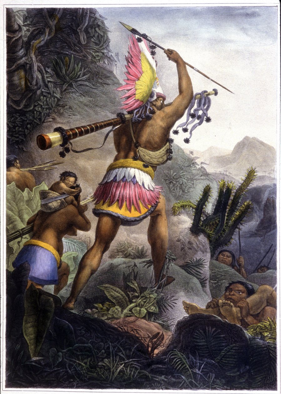 Coroado Indian antaa signaalin eläkkeelle, 1839 (väri litho) tekijältä Jean Baptiste (after) Debret