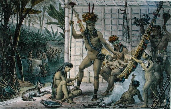 Camacanin intiaanipäällikön perhe valmistautumassa festivaaliin, kuva Jean-Baptise Debretin (1768-1848) teoksesta Voyage Pittoresque et Historique au Bresil, julkaistu Pariisissa tekijältä Jean Baptiste (after) Debret