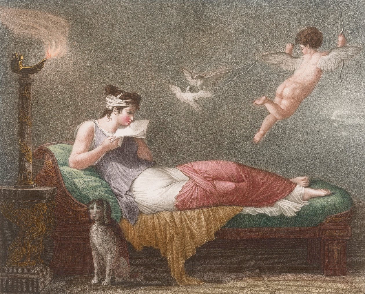 Cupid toimittaa rakkauskirjeen. 1800-luku (painettu) tekijältä Jean Baptiste (after) Mallet