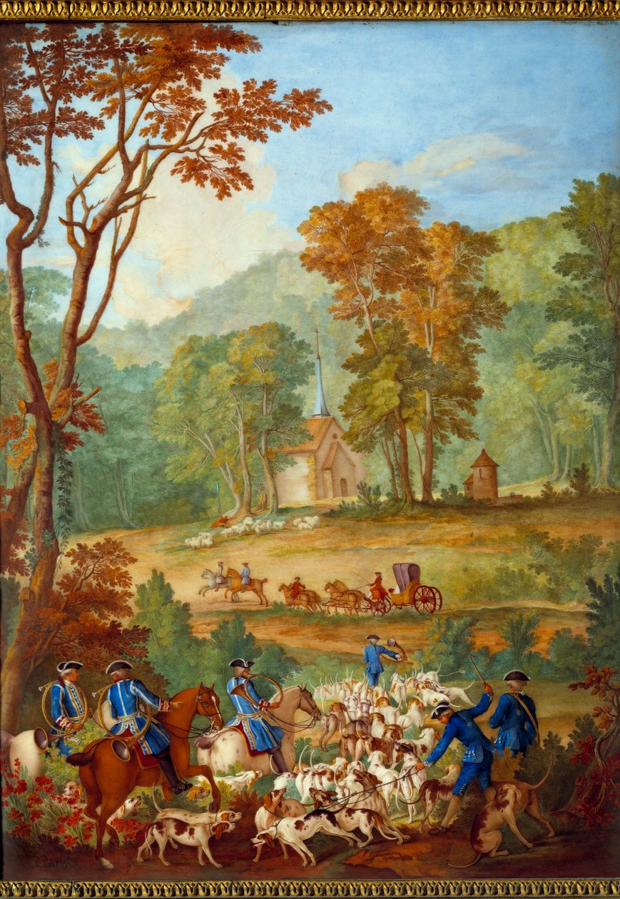 Ludvig XVI:n (1754-1793) metsästystä kuvaava laatta: "Tavallisten koirien lauma menossa kokoukseen Compiegnen metsään"" Jean Baptiste Oudryn (1686-1755) Philippe Castelin (n. 1746-1797) posliinimaalaus ) 1778-1781 Dim. 0,39x0,49 m tekijältä Jean Baptiste (after) Oudry